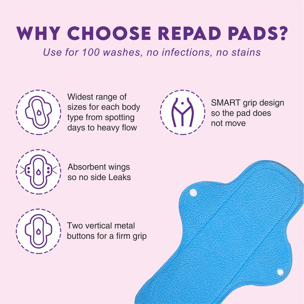 Reusable Super Maxi Sanitary Pad for Heavy flow (Color Blue) Pack of 3 (Washable)