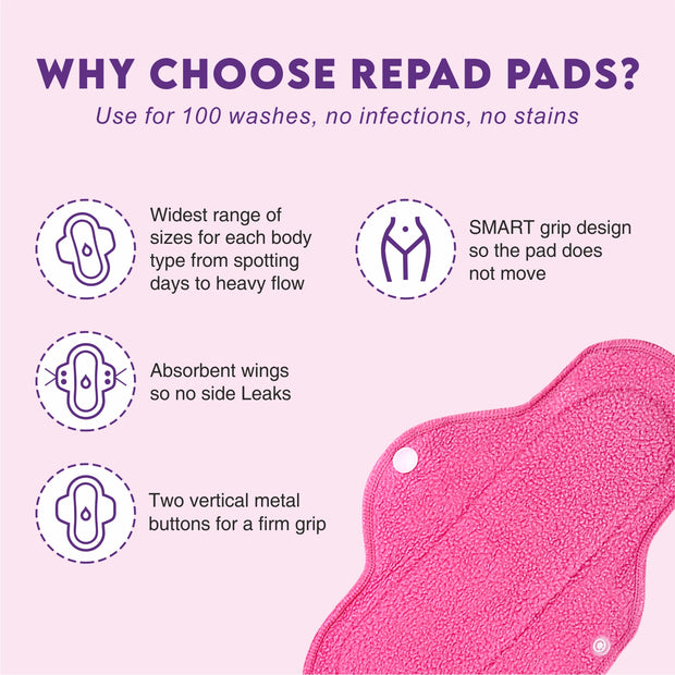 Reusable 1 Maxi sanitary pad for Moderate flow (pink color) + Super Maxi 4 pads for Heavy flow (blue color)