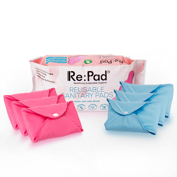 Reusable 3 Maxi sanitary pad for low flow (pink color) + Super Maxi 3 pads for high flow (blue color)