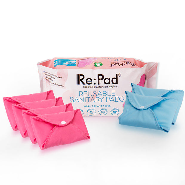 Reusable 4 Maxi sanitary pad for low flow (pink color) + Super Maxi 2 pads for high flow (blue color)